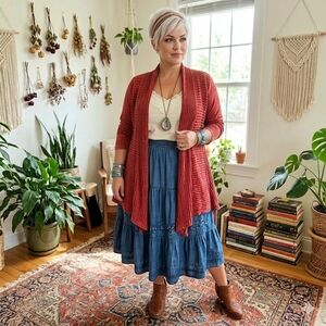 Jess & Jane 100% Cotton Textured Knit Open Cardigan Terracota Plus Size 1X USA